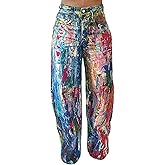 Sezhgswd Women's Tie Dye Print Splash Jeans High Waisted Wide Leg Baggy Vintage Denim Pants with Pockets