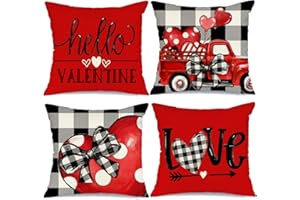 GEEORY Buffalo Plaid Valentines Day Pillow Covers 18x18 Set of 4 Valentines Day Decor Polka Dot Red Heart with Bow Love Truck Valentine Pillows Decorative Throw Pillows Valentines Day Decorations G169-18