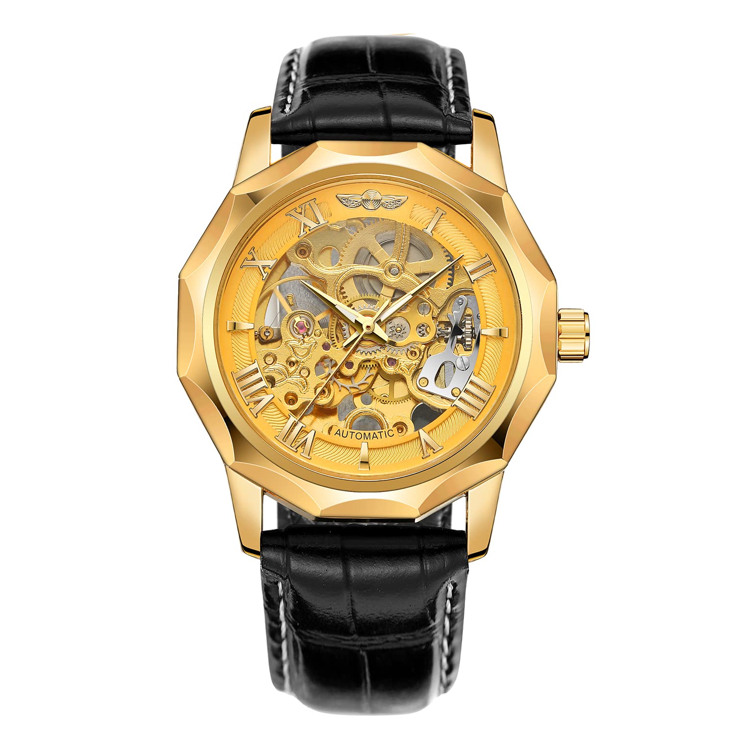 FORSINING Mens Automatic Mechanical Dodecagon Skeleton Roman Numerals Genuine Leather Strap Tourbillon Watch, Gold, Classic