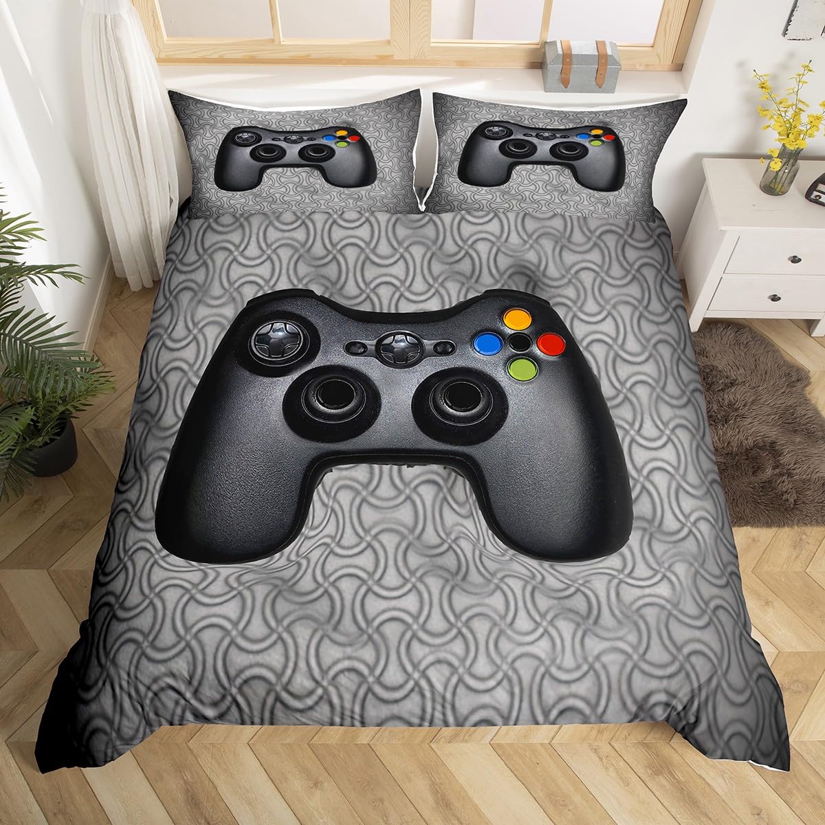 Loussiesd Video Game Gamepad Bedding Set Gamer Comforter Cover for Girls Boys Children Novelty Modern Game Controller Bedspread Cover Gray Single Bedding Collection 2Pcs