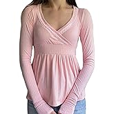 Women Long Sleeve Babydoll Top Y2k Wrap V Neck Lace Frill Peplum Shirt Cute Fall Winter Blouse