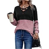 SOLY HUX Women's Color Block Sweatshirt Criss Cross V Neck Long Sleeve Casual Pullover Tops