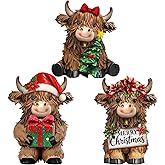 Burbell 3 Pcs Christmas Highland Cow Figurines Decor Cow Gnomes with Santa Hat Christmas Resin Statue Calf Lovers Gifts for Farmhouse Home Garden Bathroom Kitchen Office Tiered Tray Table Decor