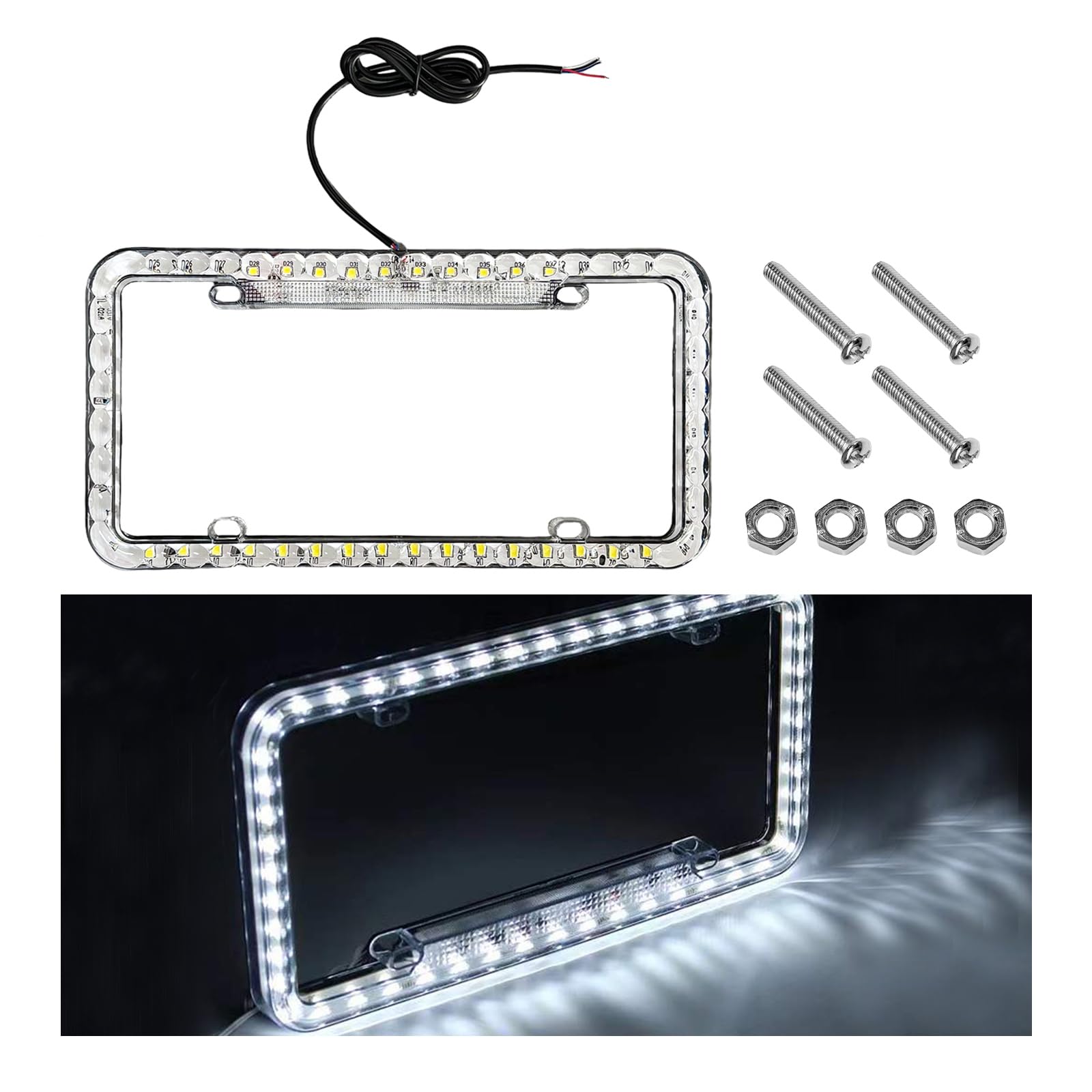Photo 1 of NYTKL 12V 48 LED Color Light License Plate Frame, Acrylic Plastic Licence Plate Cover with Bright LED Lights, Waterproof Car Tag Decor Front and Rear License Frame with Screws (White)