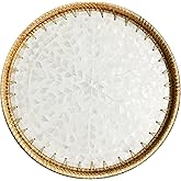 i-lan 16 Inch Rattan Round Serving Tray with Beige MOP Wooden Base, Extra Large Wicker Ottoman Serving Platter with 1”Side, Woven Basket Plates for Home Décor, Coffee Table, Display