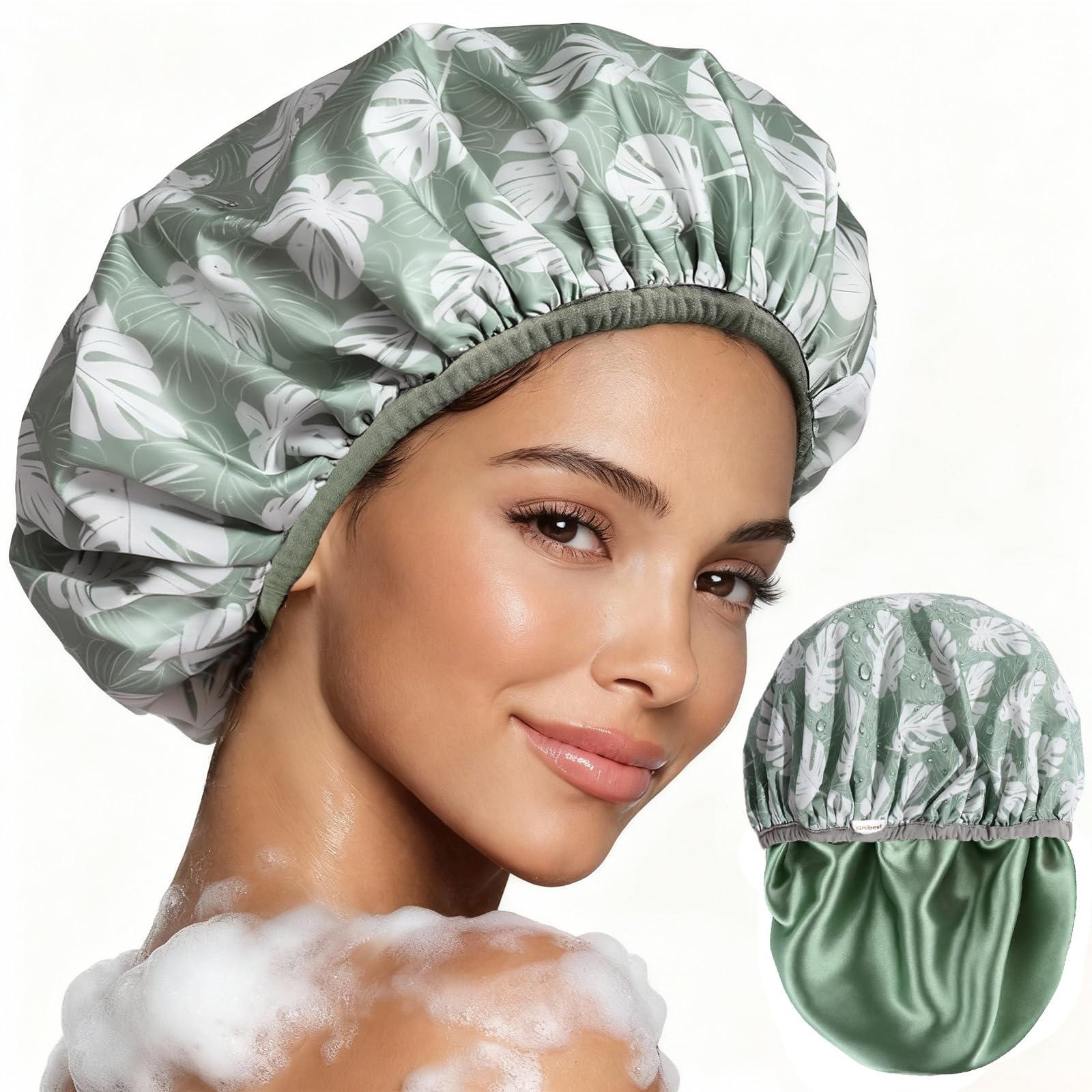 Yanibest Shower Cap for Women - Hair Satin Bonnet Shower Cap for Women Waterproof Extra Large Double Layer Reusable Adjustable for Braids Long Hair