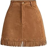 WDIRARA Women's Faux Suede Fringe Skirt High Waisted Tassel Western Mini Skirts