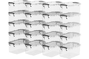 Cetomo Plastic Storage Bin Tote Organizing Container with Lid and Secure Latching Buckles, Clear, 3.2Qt x 20, Pack of 20