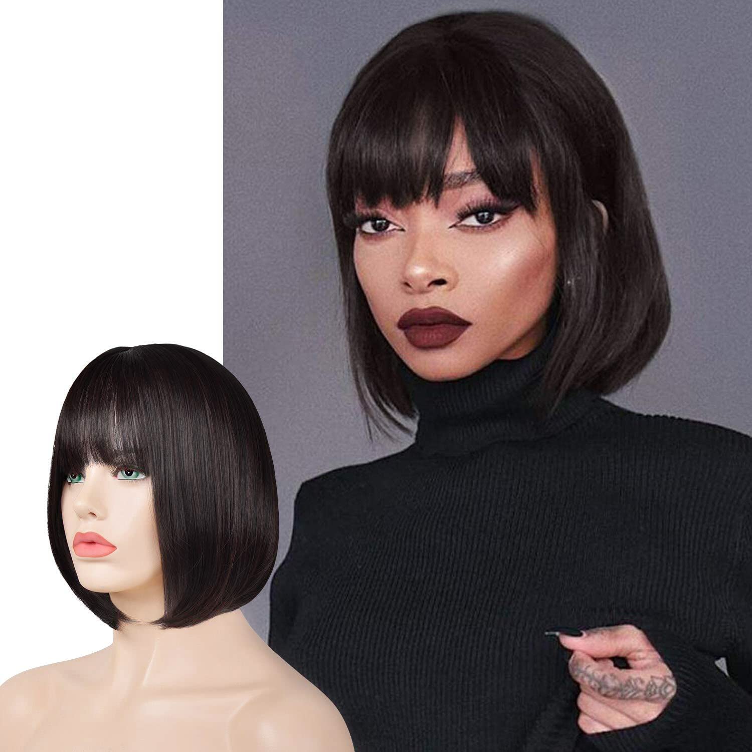 Sofeiyan Short Straight Bob Wigs with Bangs 11 inch Synthetic Daily Party Hair Wig for Black Women, Darkest Brown and Dark Auburn Mixed