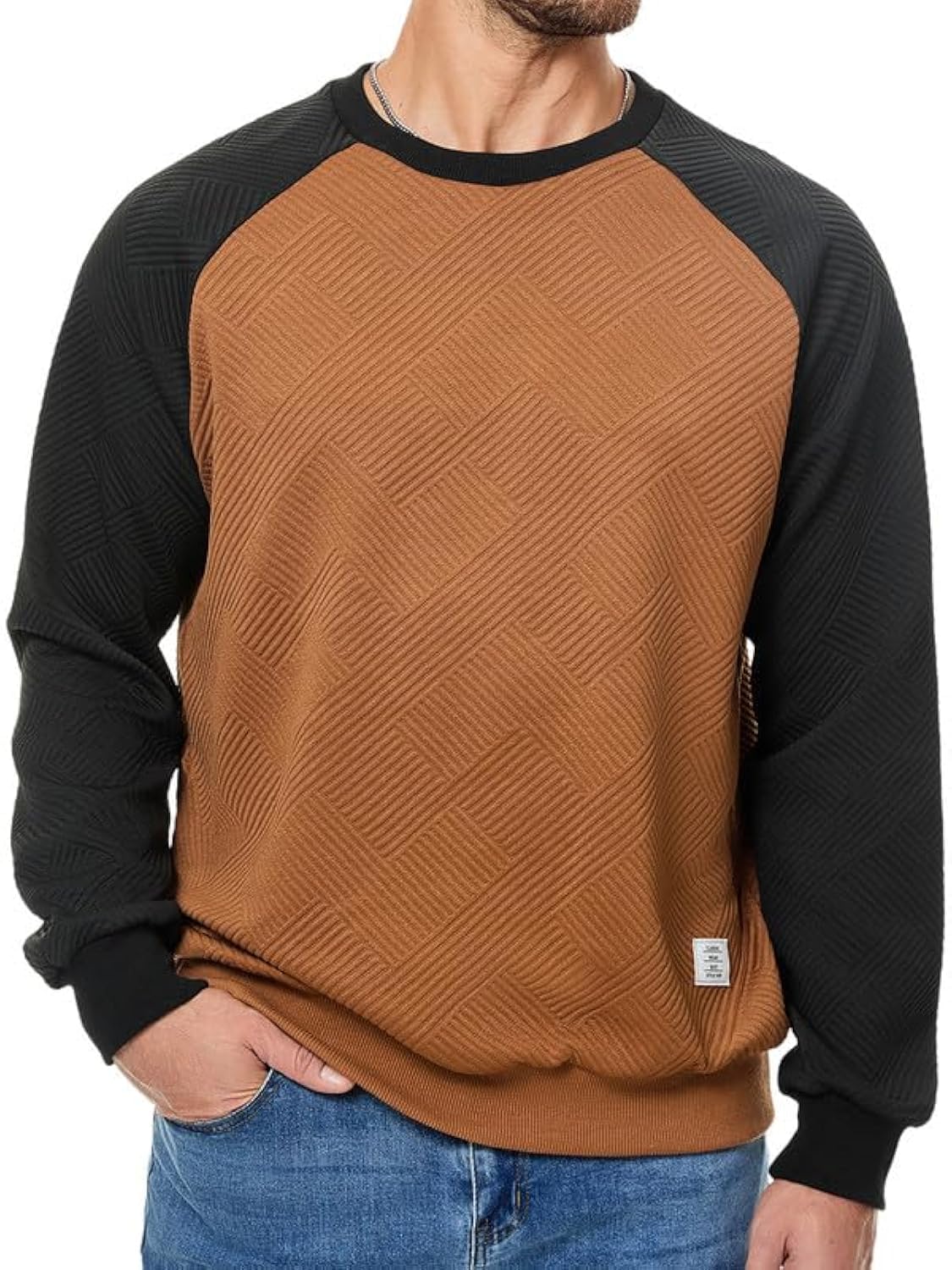 Photo 1 of Dokotoo Men Mens Fashion Sweatshirts Fall Winter Patchwork Long Sleeve Patchwork Lightweight Casual Crewneck Pullover Sweatshirts Brown X-Large
