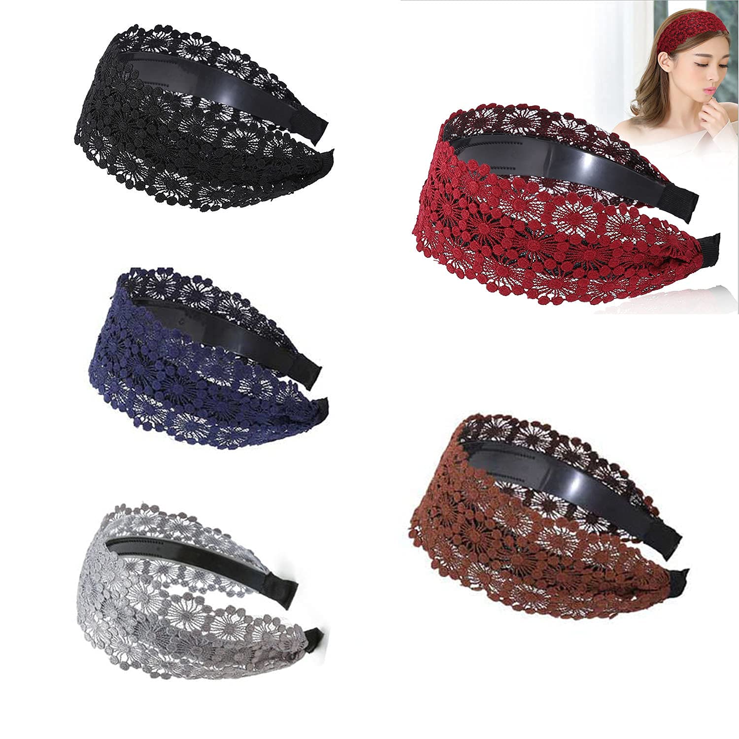 Photo 1 of DORIS&JACKY Fashion 2.5 Inch Wide Lace Headbands Elastic Hairbands With Teeth Headwear Accessories For Women And Girls (LACE-5 pcs)…
