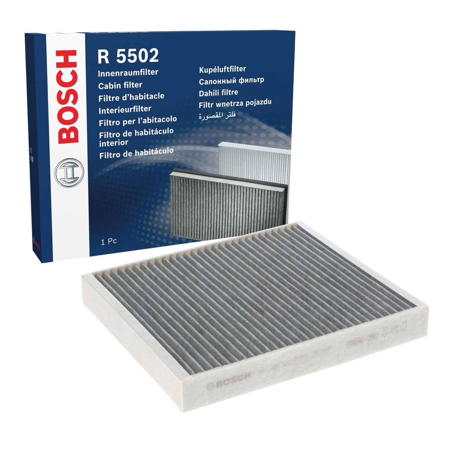 Bosch R5502 Activated Carbon Cabin Filter, Replacement Filter - Against Unpleasant Smells, Pollen and Dust for Cleaner Air Inside the Vehicle