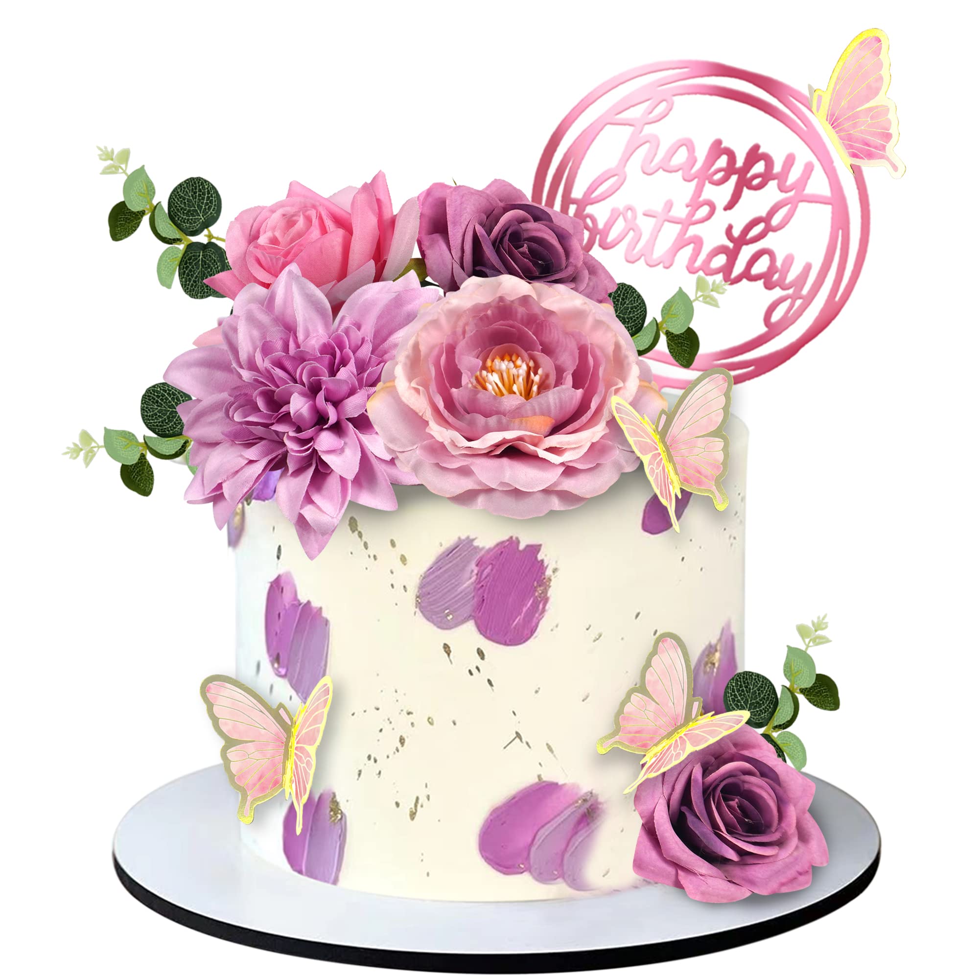 Photo 1 of 20 PCS Flower Cake Toppers Butterfly Cake Decorations Happy Birthday Cake Toppers with Pink Purple Flowers Eucalyptus Butterflies for Birthday Party Wedding Baby Shower Supplies (Pink Purple)