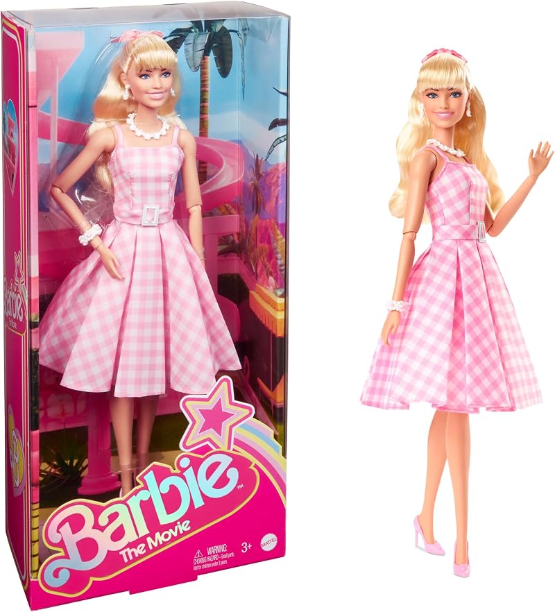 Barbie The Movie Doll Margot Robbie Pink Gingham Dress Daisy Necklace HPJ96