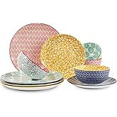 Selamica Ceramic Dinnerware Sets, 12-Pieces Plates and Bowls Sets, Scratch Resistant Dishes set for 4, Dishwasher & Microwave Safe, Assorted Colors