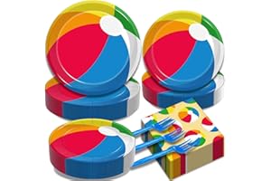 Kepeel 200Pcs Summer Pool Beach Party Tableware Set, Beach Pool Ball Party Decorations Supplies for Kids Boys Girls Summer Hawaiian Party Disposable Dessert Plates Napkins Forks Favors, Serve 50