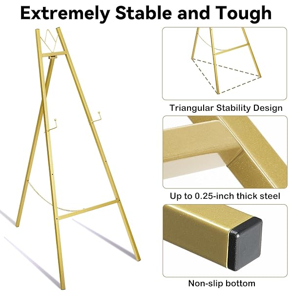 GRENTY 46.7″ GOLD EASEL STAND FOR WEDDING SIGNS – NO ASSEMBLY NEEDED, HEAVY DUTY METAL DISPLAY STAND FOR ART, WELCOME SIGNS, POSTERS, PICTURES, PAINTINGS, AND FLOOR DÉCOR