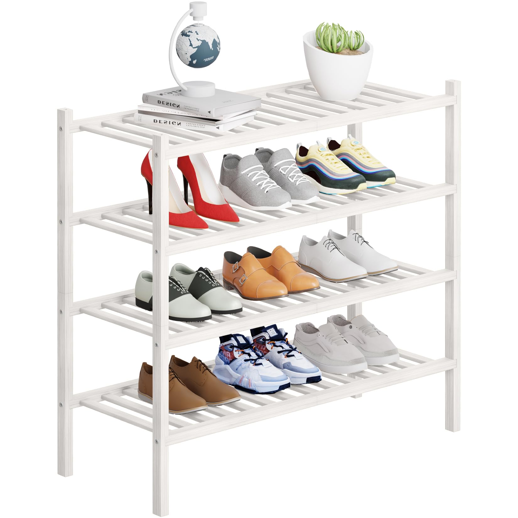 Photo 1 of ***(PARTS ONLY/ MAJOR DAMAGE/ NON FUNCTIONAL)***Buymoth 4 Tier Bamboo Shoe Rack Storage Organizer for Closet, Multifunctional Stackable Free Standing Shoe Shelf Organizer for Small Space,Entryway, Hallway, Bathroom27 x11 x26(White, 4 Tier)
