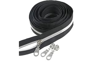 Leekayer #5 Silver Metallic Nylon Coil Zippers by The Yard Bulk 10 Yards Black Tape with 25pcs Silver Sliders for DIY Sewing Tailor Craft Bag(Black)