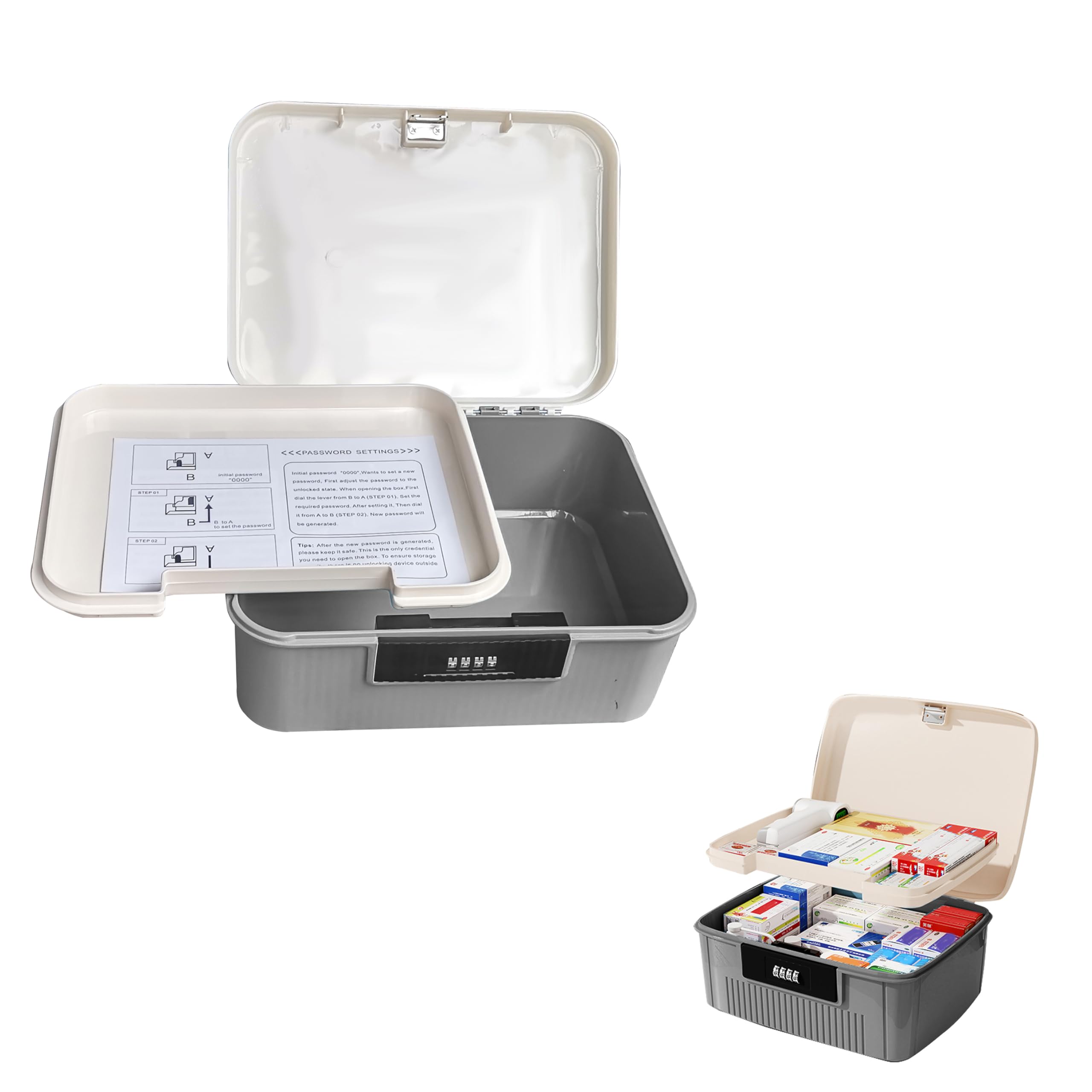 BGTODO Lockable Medicine Organizer Box, 20 x 25 x 10 cm, First Aid Storage Empty Box with Combination Locks (Grey)