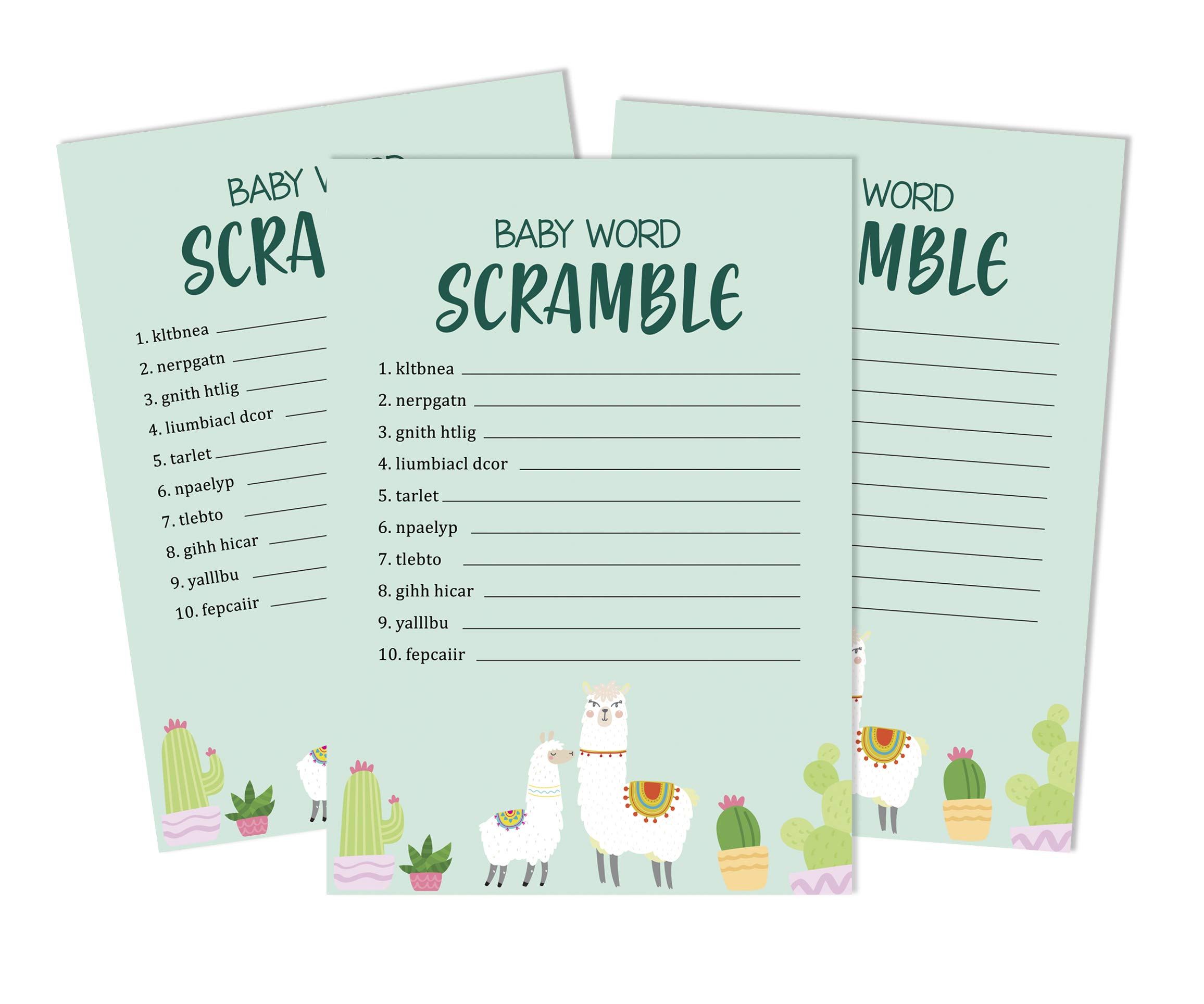 Inkdotpot 50 Pack Baby Word Scramble Baby Shower Game Cards Llama Gender Neutral Party Supplies Fun Baby Shower Game Favors — image 1