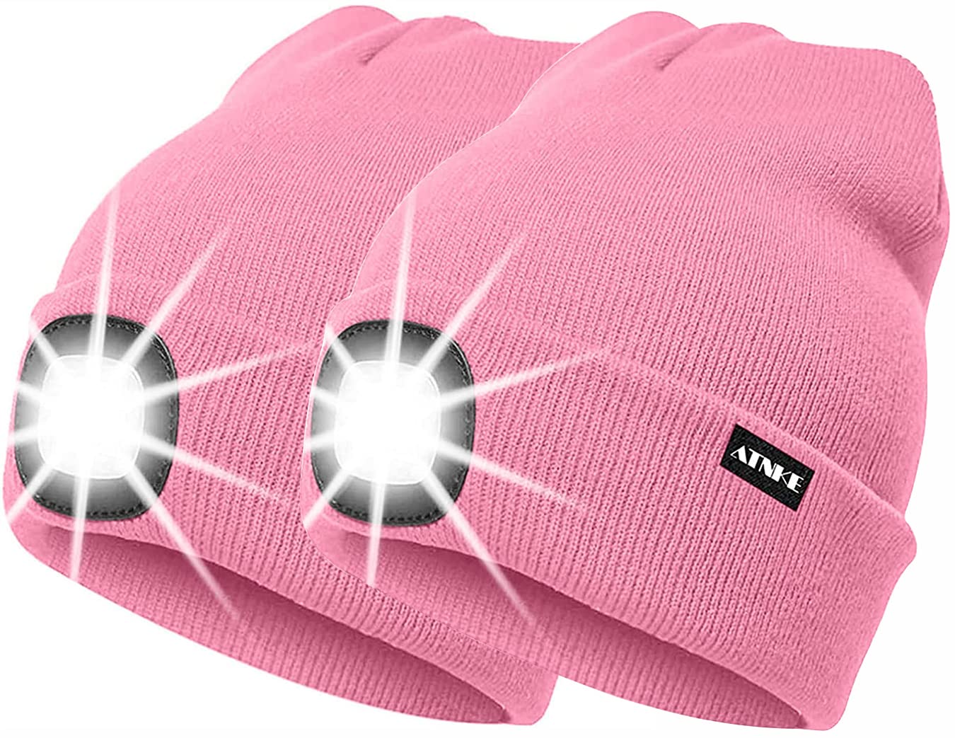 ATNKE 2Pcs New Warm LED Lighted Beanie Cap Unisex USB Rechargeable Running Hat Ultra Bright 4 LED Waterproof Light Lamp Multi-Color/Pink — image 1