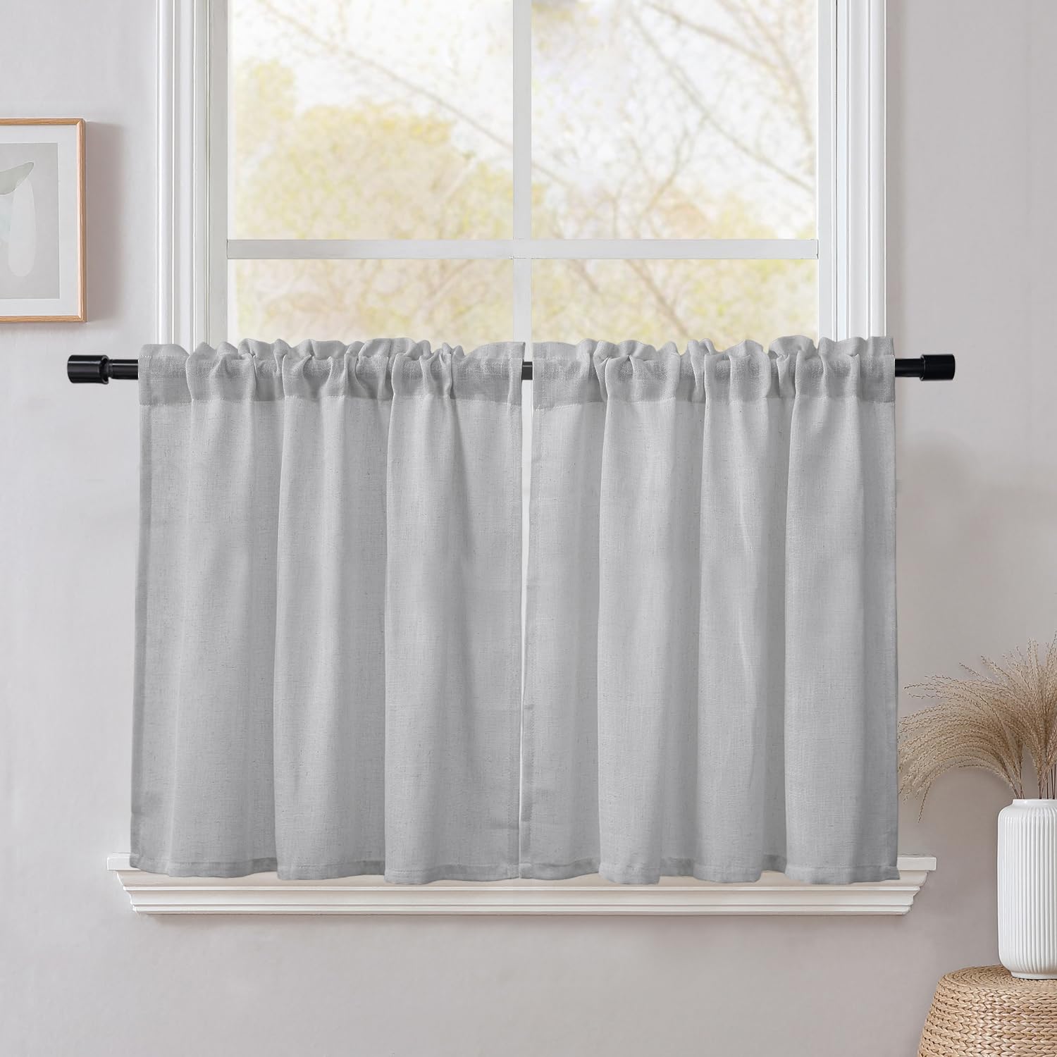 CUCRAF Kitchen Curtains Linen Blend, W 48 x L 42 Inch 2 Panels Cafe Curtains for Small Windows, Short Lightweight Curtain for Rod Pocket Kitchen Sink Cupboard Bathroom, Light Grey