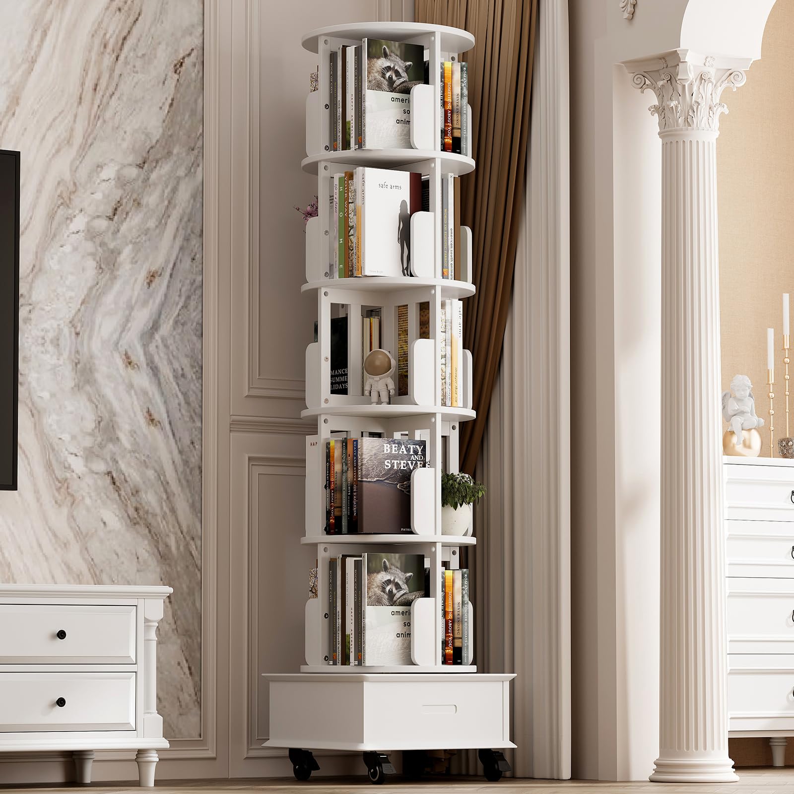 Photo 1 of JIAWORLDER Solid Wood Rotating Bookshelf Tower, 5 Tier Spinning Bookcase with Drawer, 72" Floor Standing Revolving Bookshelf on Wheels, Corner Bookcase for Small Space, White