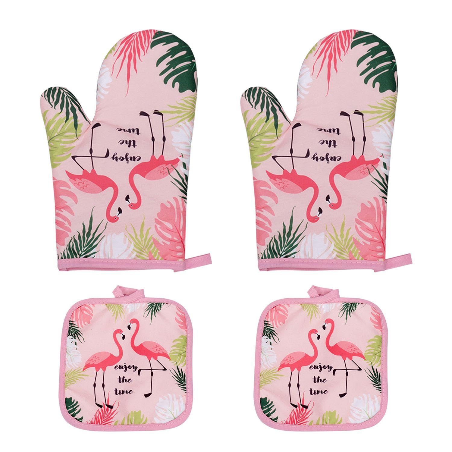 2Pcs Flamingo Pot Holders and Oven Mitts - Cooking and Baking Gloves