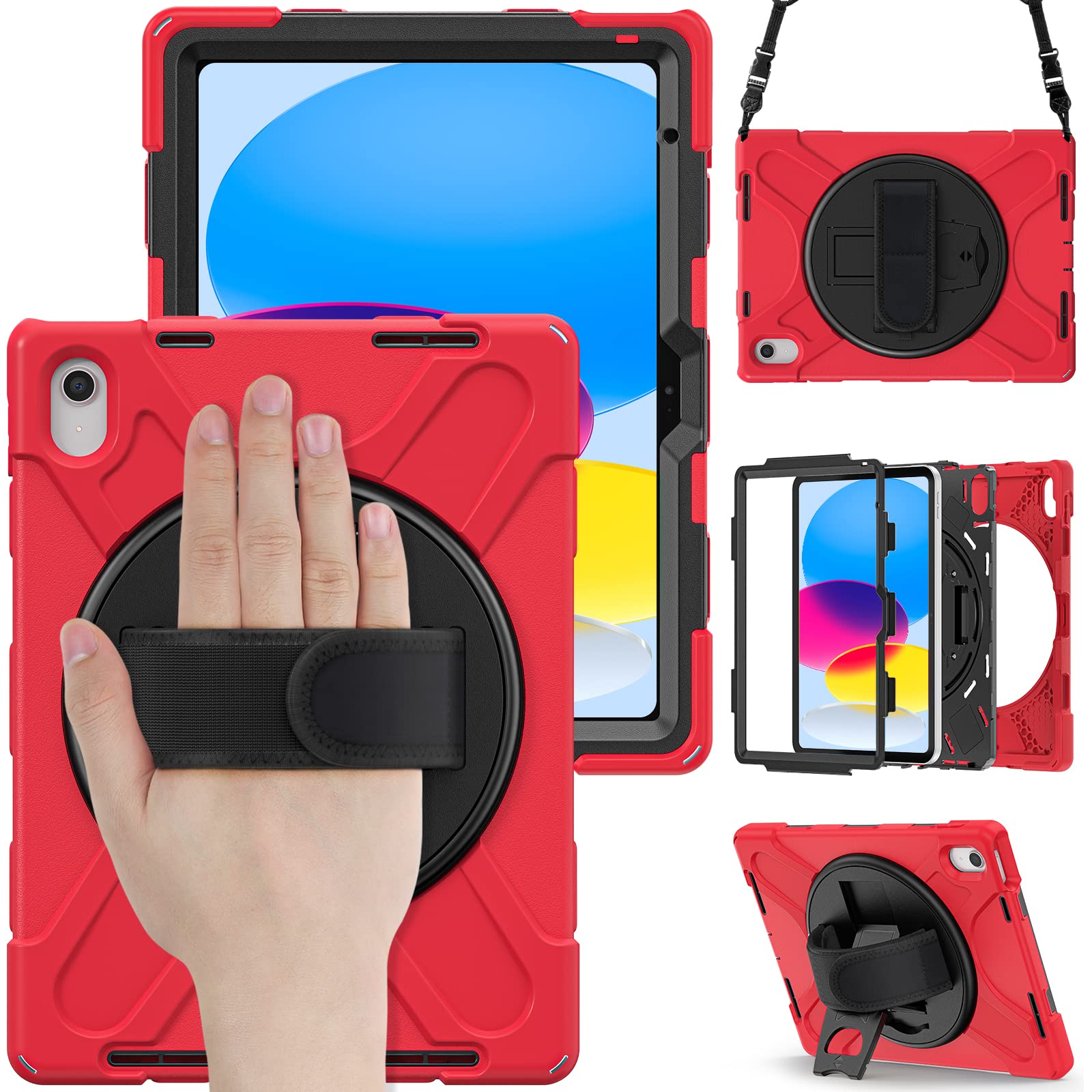 Bspring Case for iPad (A16) 11th/10th Generation (2025/2022-11inch/10.9inch) - Multiple Angles Shockproof Rugged Cover with 360°Rotating Hand Strap and Stand/Shoulder Strap/Pencil Holder,Red