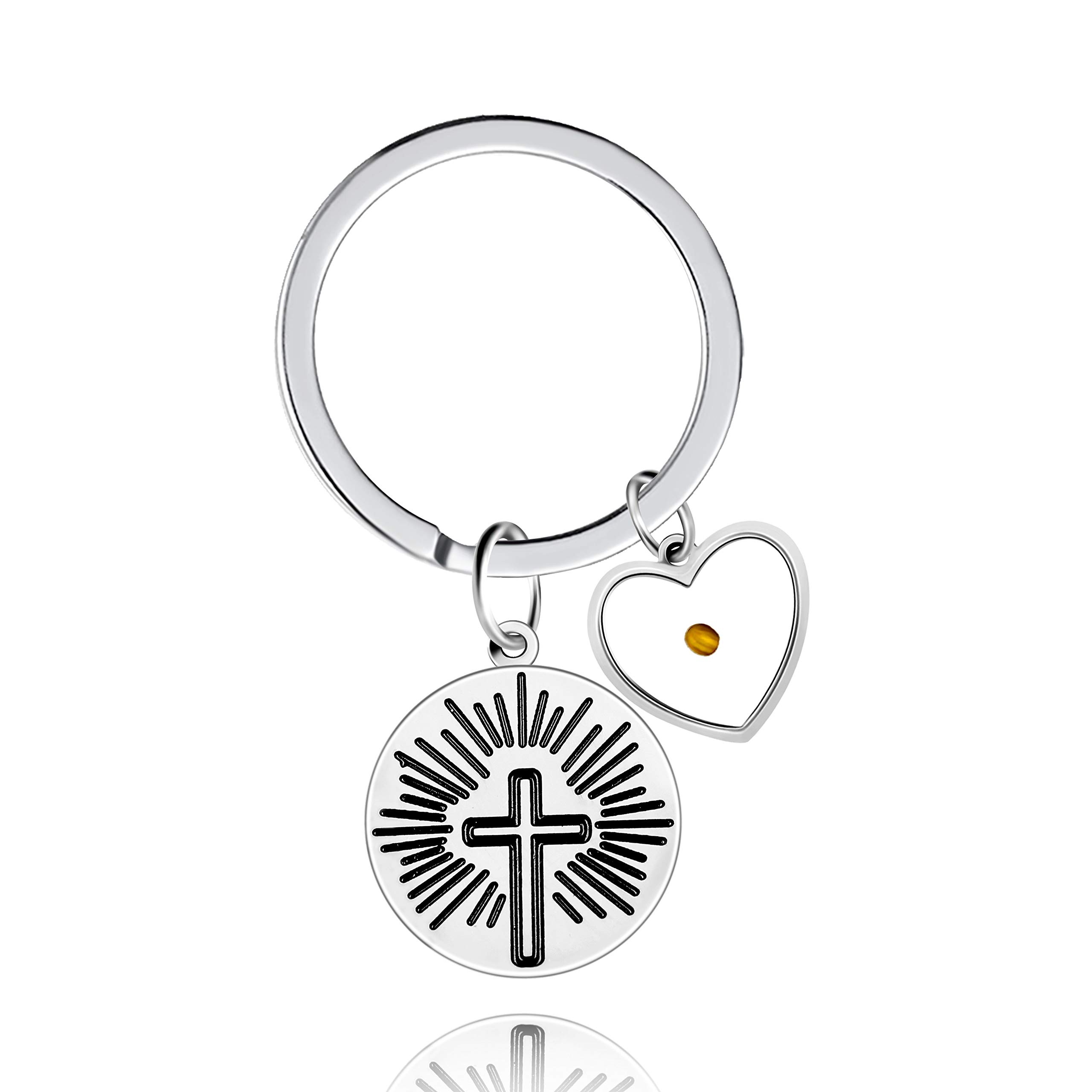 Uloveido Stainless Steel Cross Keychain Sun Ray Keyring with Heart Mustard Seed Charms Religious Key Ring for Him and Her Y1012