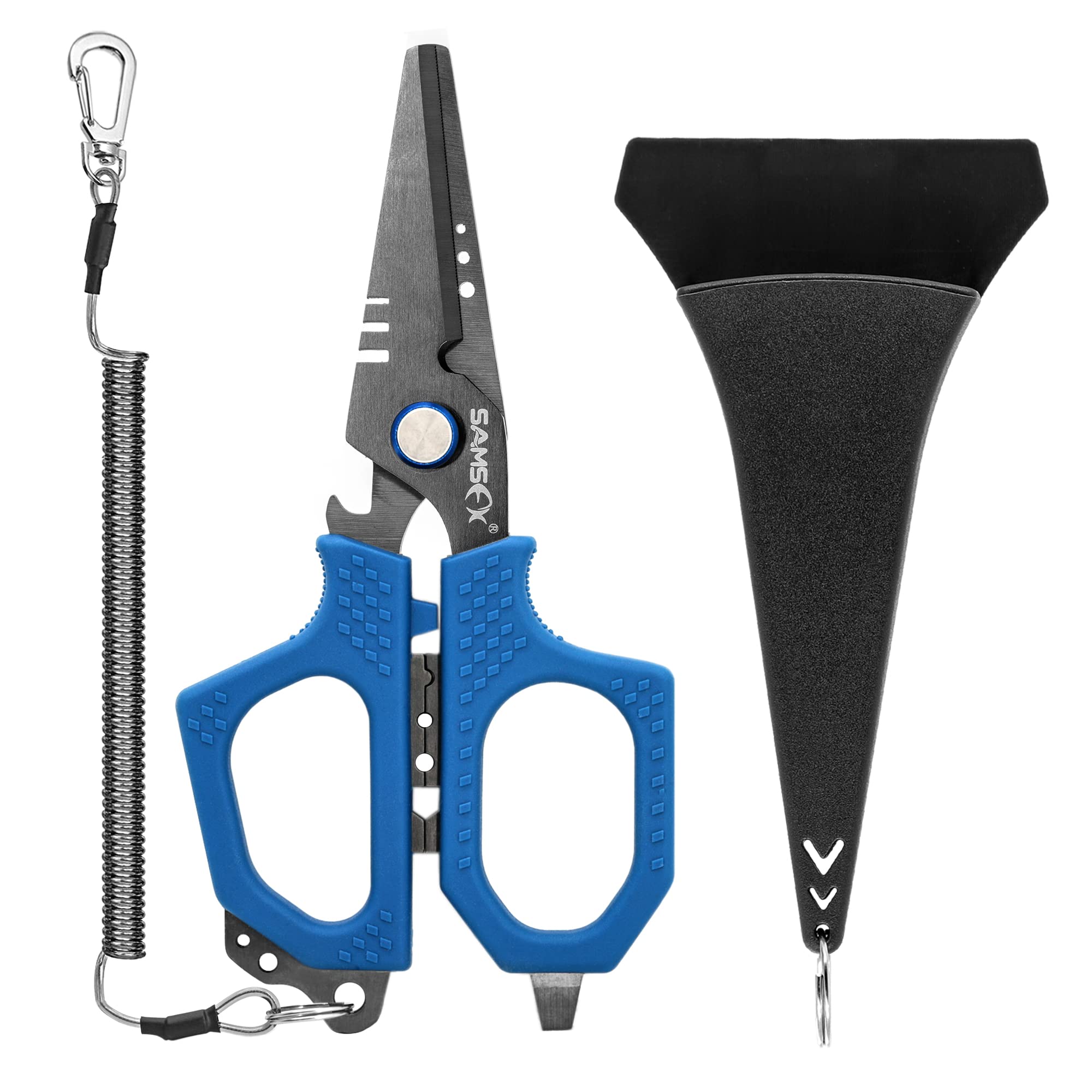 SAMSFX Fishing Braid Line Scissors Shears with Antirust Coating and Dual-Serrated Blade, Kraton Handle, Come with Hard Sheath and Coiled Lanyard (Blue Handle, Hard Sheath)