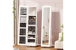 BTDWI 65’’ Jewelry Mirror Cabinet with Wheels, 360° Swivel Jewelry Armoire Floor Standing with Interior Led Mirror & Rear Storage Shelves, White