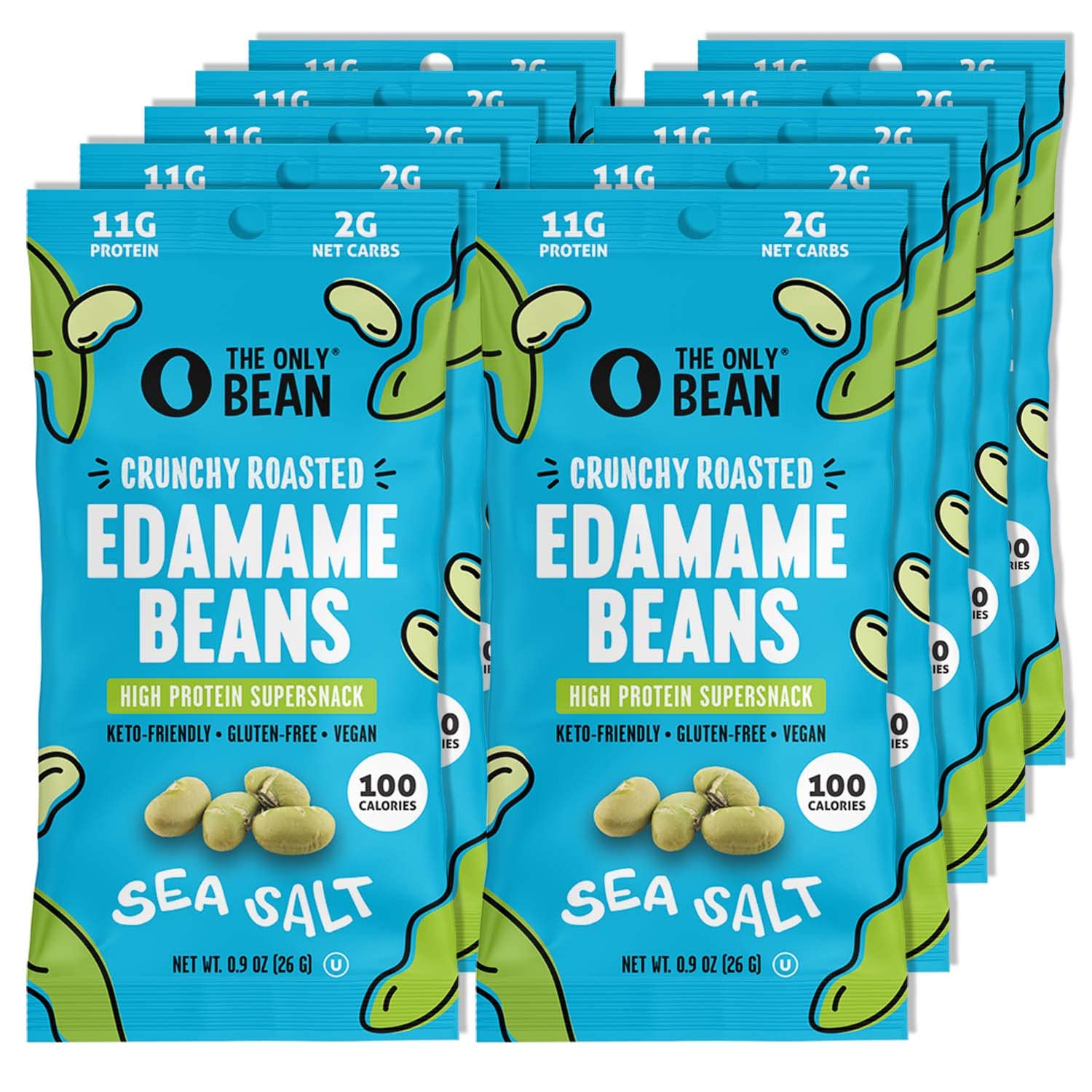The Only Bean Crunchy Dry Roasted Edamame Snacks (Sea Salt), Healthy High Protein(11g) Keto Food, Low Carb Gluten Free Office Vegan Food 100 Calorie Snack Pack, 0.9oz 10 Pack