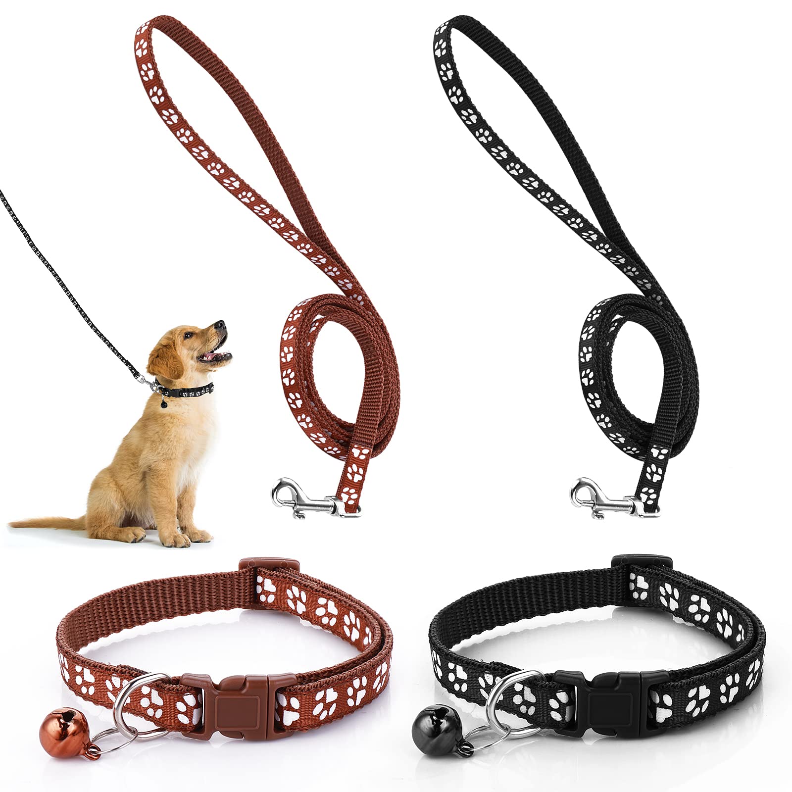 Molain 2Pcs Dog Cat Collar and Leash Set, Adjustable Pet Dog Cat Collar with Leash Quick Release Clip Buckle Collar for Small Dog Cat Puppies Kittens (Black+Brown)