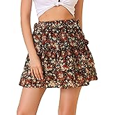 Allegra K Women's Layered Ruffle Hem Elastic Waist A-Line Skater Floral Mini Skirt