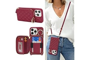 Hamany Crossbody Wallet Case for iPhone 15 Pro Max, PU Leather Zipper Handbag Purse Flip Cover, Kickstand Folio Case with Card Slots Holder Wrist Strap Lanyard 5G 6.7 Inch-Dark red