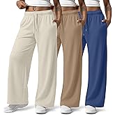 Huukeay 3 Pack Women Plus Size Pants, Straight Wide Leg Lounge Pants Elastic Fall Drawstring Casual Loose Trouser with Pocket