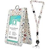bolimoss Cute Flowers Leather Badge Holder with Double-Sided Windows, Leather ID Name Badge Card Holder with Adjustable Retractable Lanyards, Breakaway Neck Lanyards for Work, School, Access