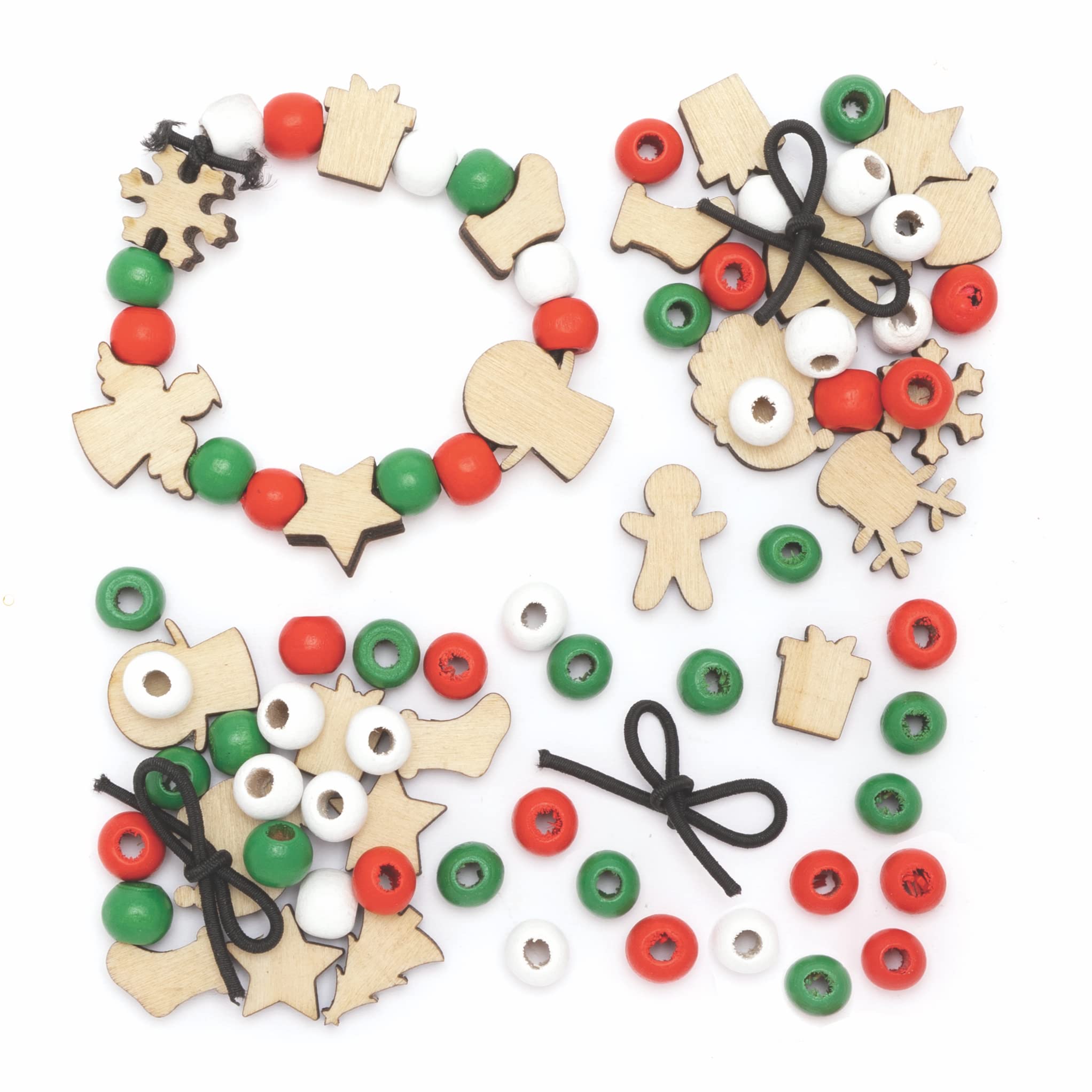 Baker Ross FC114 Wooden Christmas Charm Bracelet Kits - Pack of 3, Perfect for Kids Jewellery Making, Bead Art or Birthday Party Craft Activities, Xmas Craft Gifts for Girls