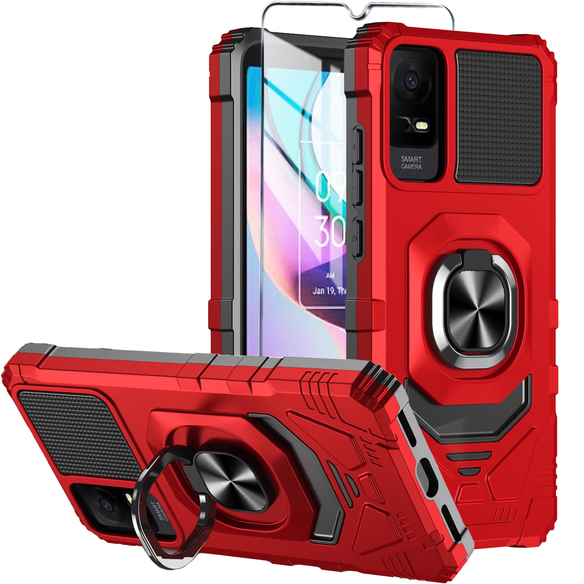 Photo 1 of Mocotto for TCL ION X/TCL ION V/TCL 40Z T607DL Case with Tempered Glass Screen Protector,Military Grade Heavy Duty Shockproof Protective Cover,with Ring Kickstand Full-Body Protective (Red)