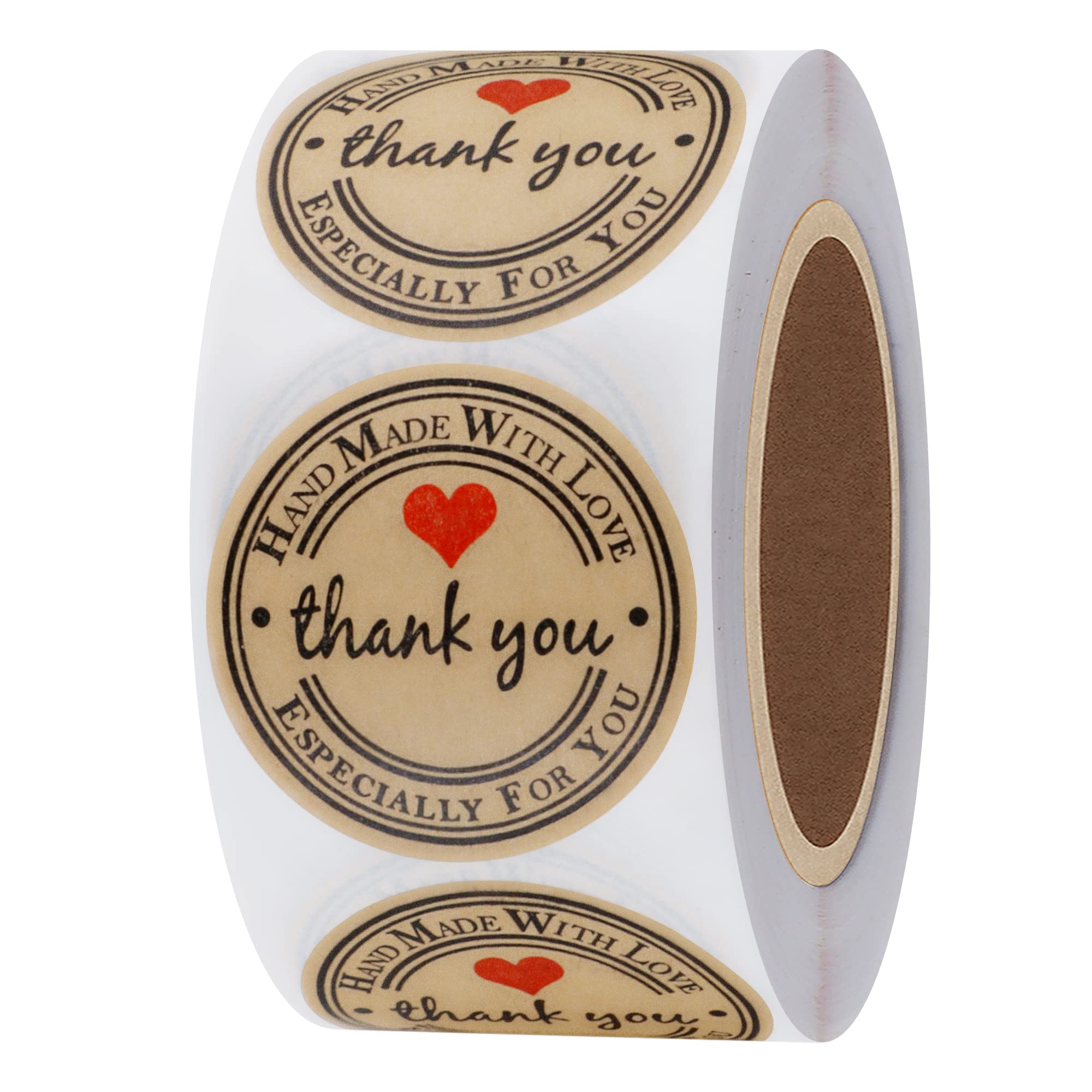 Hylabelest 1.5 Inch Round Kraft Thank You Hand Made with Love Stickers 500 Handmade Labels Per Roll (Kraft, 38mm)
