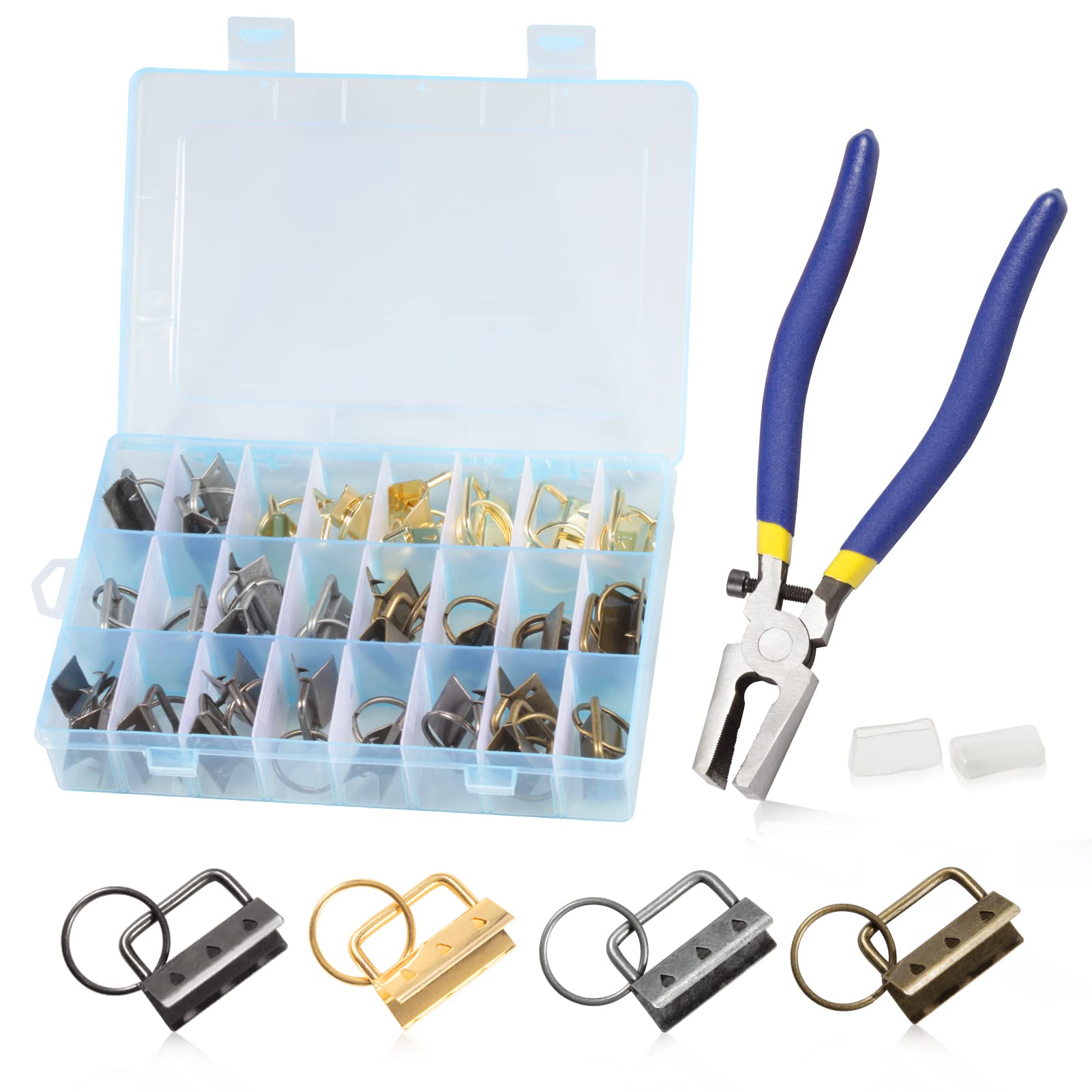LEONTOOL Key Fob Hardware Pliers Tool 32 Pcs Keychain Fob Hardware Kit 1.25 inches 8 inches Key Fob Glass Running Plier with Rubber Cover for Wrist Strap Key Chain Lanyard Clasp Hardware