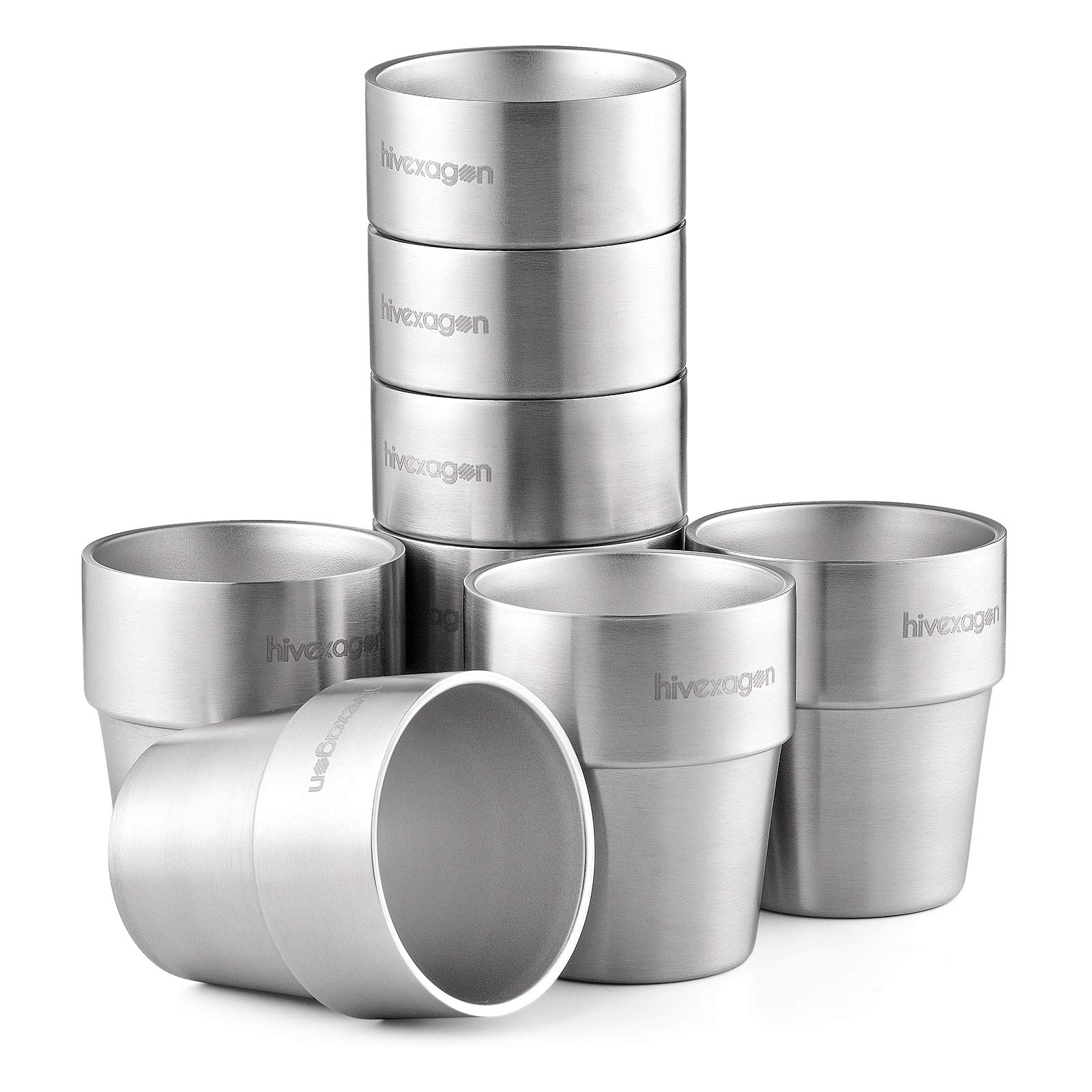 Hivexagon HG298 Set of 8 Double-Walled Stainless Steel Cups, 300 ml, Perfect for Cold Drinks – Dishwasher Safe