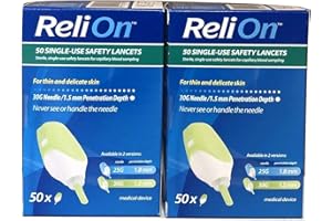 HAYLOS ReliOn Safety Lancets with 6" Tote 50 Single Use 30G 2 Pack