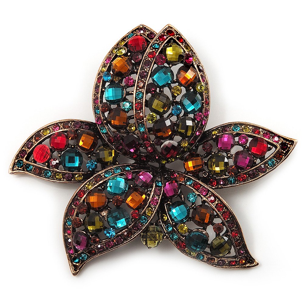 Large Multicoloured Diamante Floral Brooch/Pendant (Antique Gold Finish)