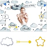 CSFOTO Vintage Airplane Theme Baby Monthly Milestone Blanket for Boy Sky Clouds Stars Print Newborn Growth Record Photo Shoot Background Prop Blanket, 60"x40" with Frame