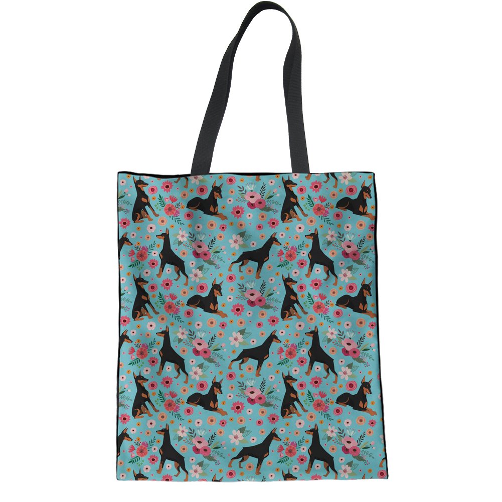 HUGS IDEA Doberman Flower Linen Shoulder Bag Women Shopping Fashion Tote Bag Student Laptop Bag