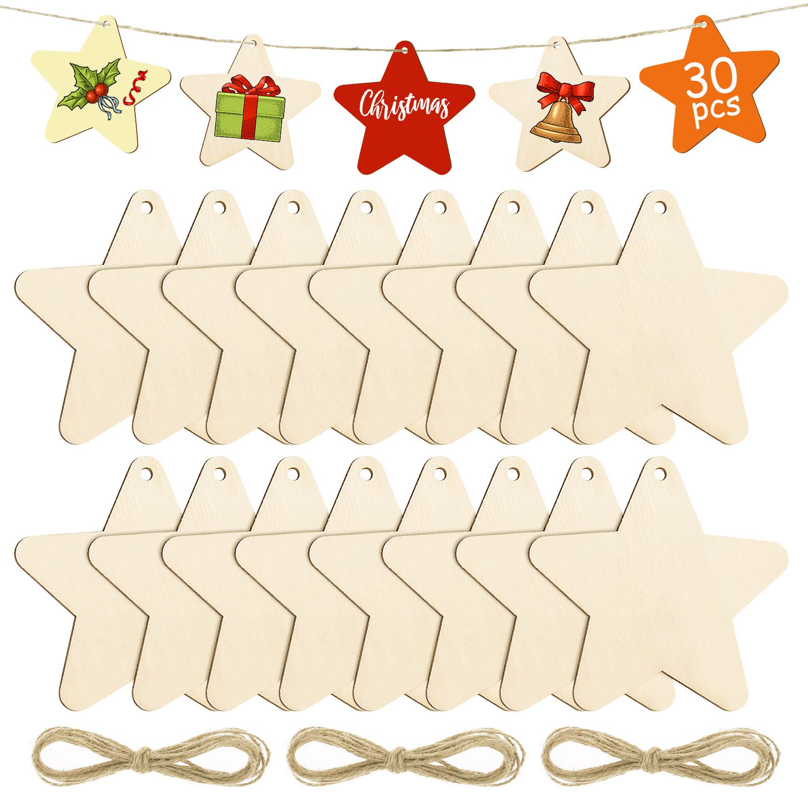 Kiiwah 30pcs Christmas Wooden Star Ornaments, Wood Stars Embellishments with Twine for Xmas Tree Decorations & Christmas Craft Supplies (Stars)