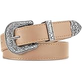 XILTAEN Western Belt for Women Cowgirl Cowboy Adjustable Belt for Jeans Pants with Silver Vintage Engraved Buckle